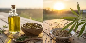 Comparison of olive oil and cannabis seed oil with olives, hemp seeds, and plant leaf at sunset.