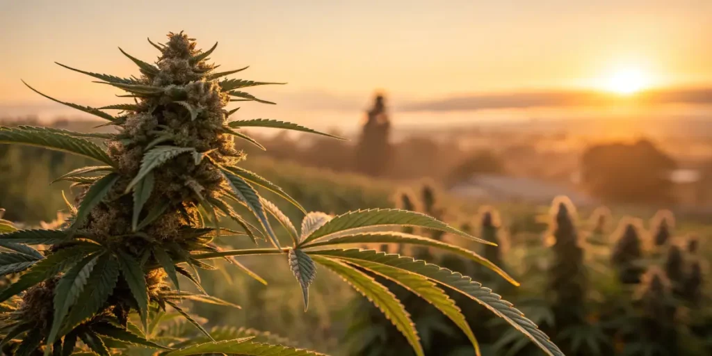 Super Skunk cannabis buds covered in trichomes with orange pistils and dark green leaves.