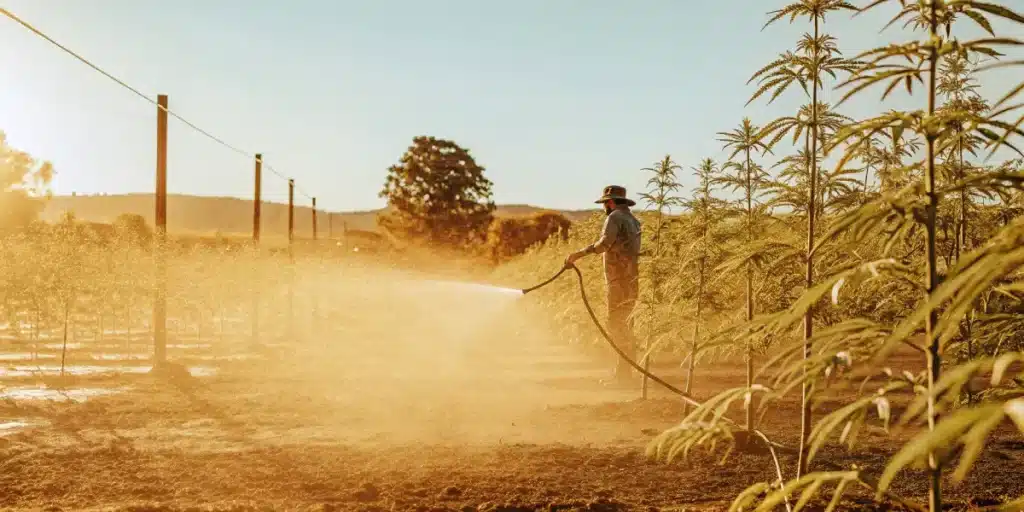 Farmer watering cannabis plants in outdoor field using hose during golden hour.