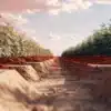 Cannabis field with soil irrigation rows between plants outdoors.