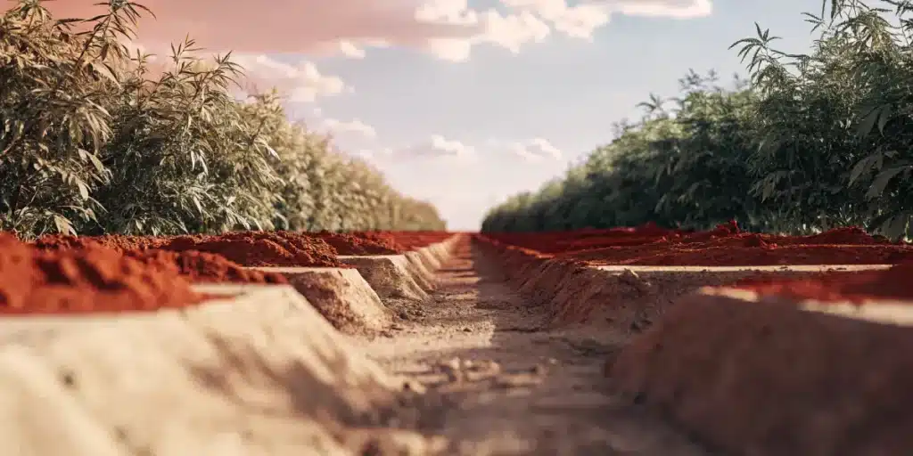 Cannabis field with soil irrigation rows between plants outdoors.