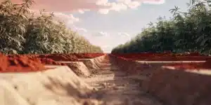 Cannabis field with soil irrigation rows between plants outdoors.
