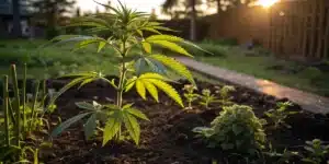Young cannabis plant growing in outdoor garden at sunset.