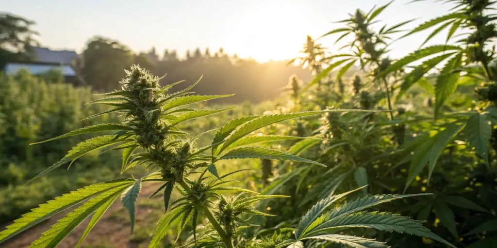Cannabis plants flowering outdoors in a field during golden sunset light.