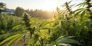 Cannabis plants flowering outdoors in a field during golden sunset light.