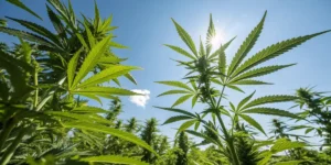 Low-angle view of cannabis plants growing outdoors under bright sunlight.
