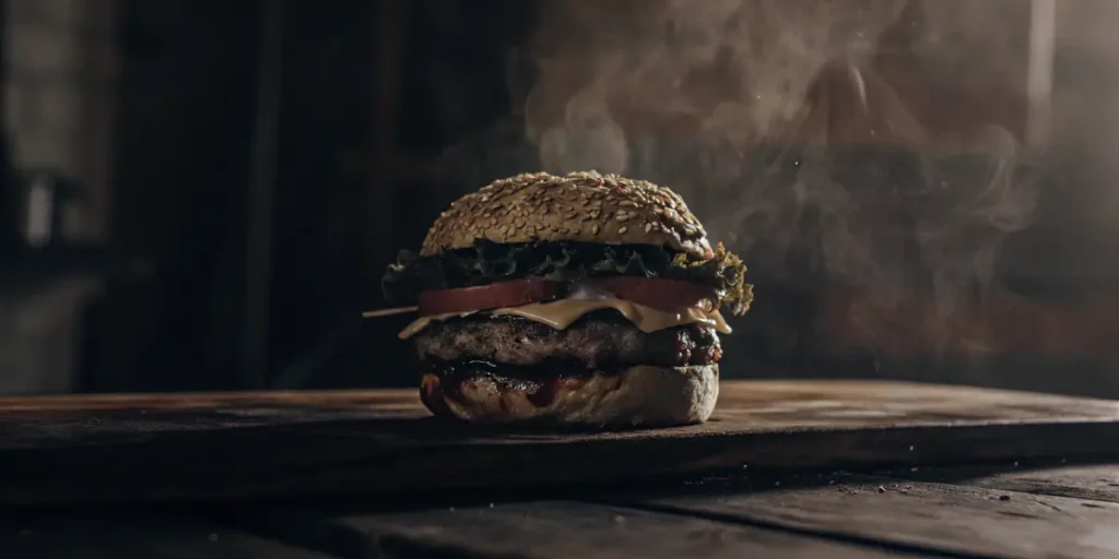 Plant-based burger with hemp protein steaming on a wooden board in a dark kitchen setting.