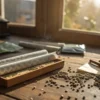 Cannabis rolling papers with seeds and ground weed on a wooden table near window.