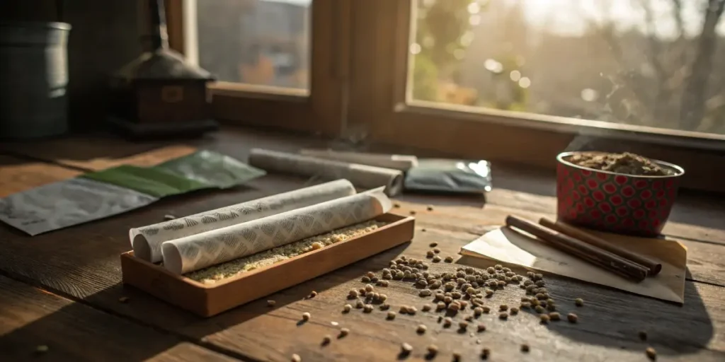 Cannabis rolling papers with seeds and ground weed on a wooden table near window.