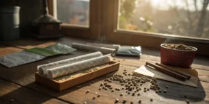 Cannabis rolling papers with seeds and ground weed on a wooden table near window.