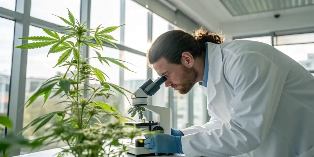 Scientist examining a cannabis plant with a microscope in a laboratory.