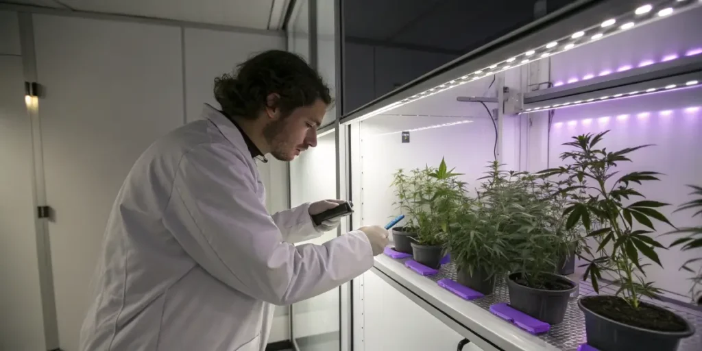 Scientist inspecting cannabis plants in an indoor grow room under LED lights.