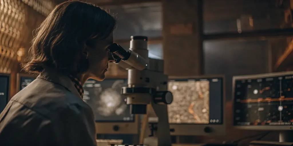 Scientist analyzing samples through microscope with data screens in laboratory.