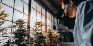 Scientist analyzing cannabis plant samples under microscope in laboratory.