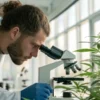 Scientist examining cannabis plant under a microscope in a laboratory.
