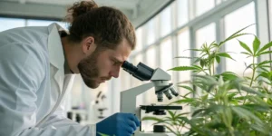 Scientist examining cannabis plant under a microscope in a laboratory.