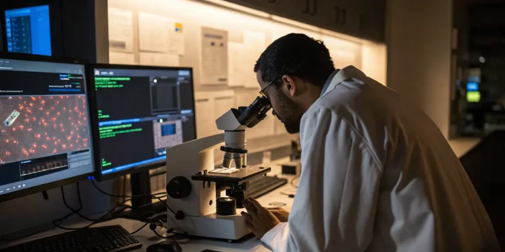 Researcher analyzing samples under microscope with digital screens in laboratory.