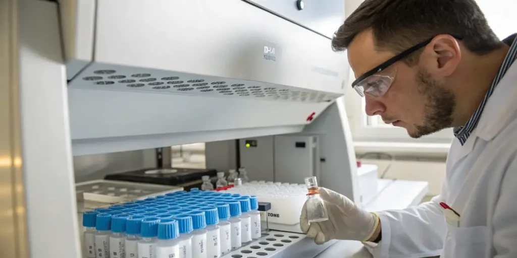 Scientist testing cannabis extract using laboratory equipment and sample tubes.