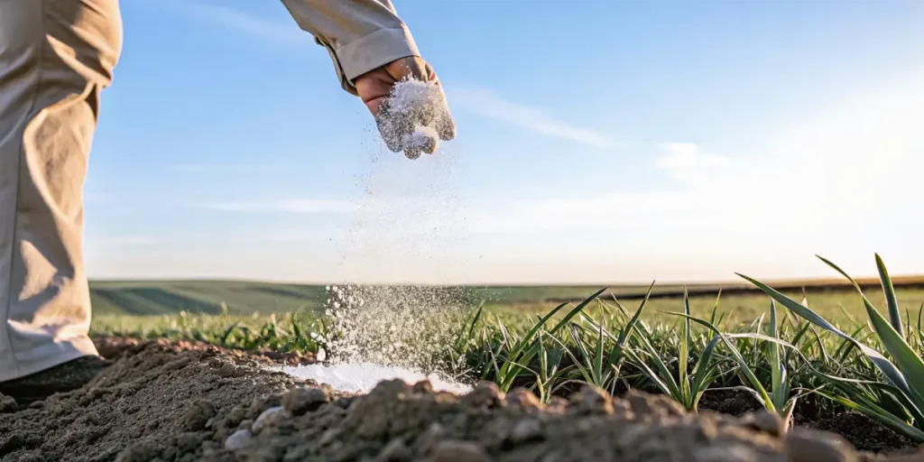 Farmer spreading powdered fertilizer over soil in agricultural field.
