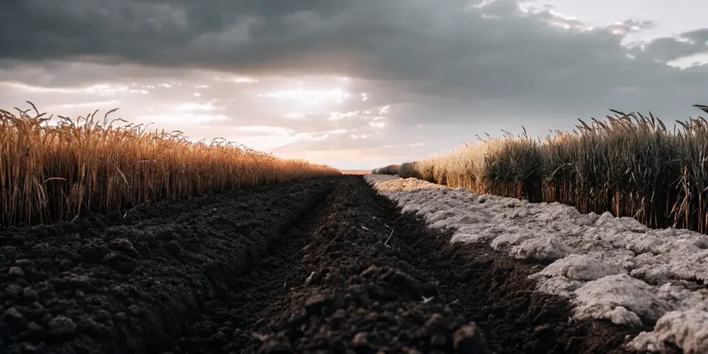 Agricultural field showing soil amendment comparison with treated and untreated soil rows at sunset.