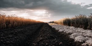 Agricultural field showing soil amendment comparison with treated and untreated soil rows at sunset.