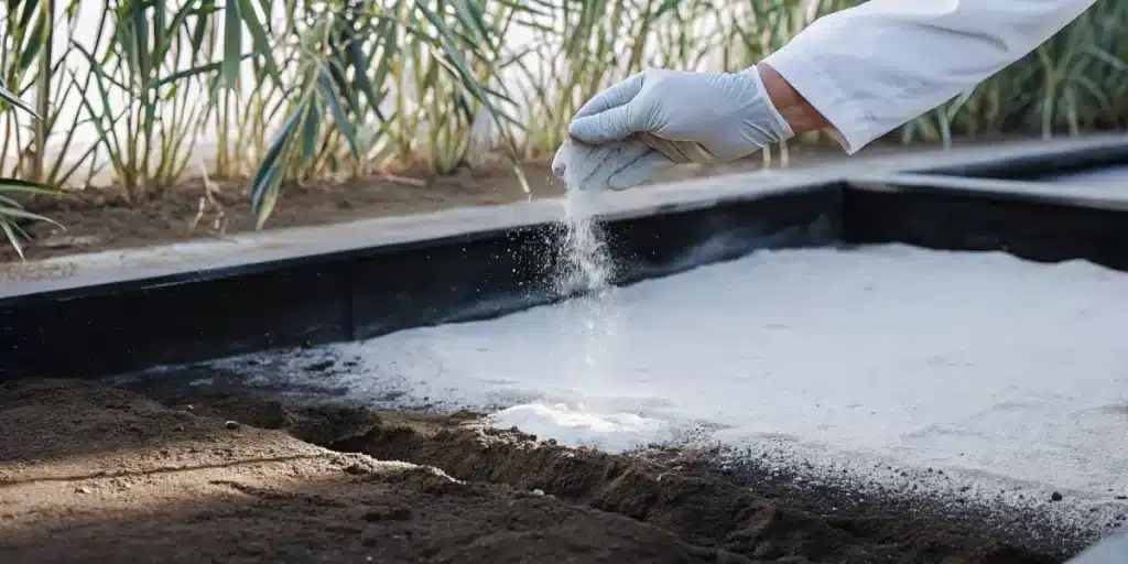 Gloved hand applying powdered lime to soil in cultivation bed.