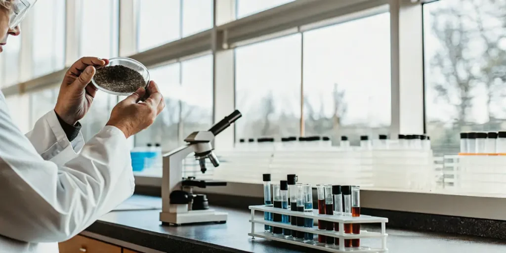 Scientist holding soil sample in petri dish for cannabis cultivation analysis.