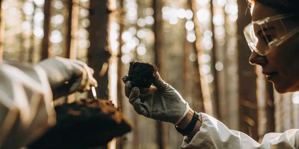 Scientist analyzing soil sample in forest environment for cannabis cultivation research.