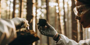 Scientist analyzing soil sample in forest environment for cannabis cultivation research.