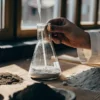 Scientist mixing soil sample in flask for laboratory analysis.
