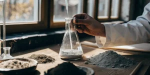 Scientist mixing soil sample in flask for laboratory analysis.