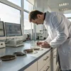 Laboratory technician examining multiple soil samples on a workbench with digital monitors in the background. The image highlights soil testing, nutrient analysis, and scientific research for optimizing cannabis cultivation.