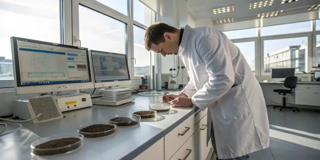 Laboratory technician examining multiple soil samples on a workbench with digital monitors in the background. The image highlights soil testing, nutrient analysis, and scientific research for optimizing cannabis cultivation.