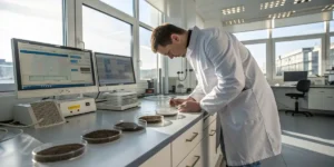 Laboratory technician examining multiple soil samples on a workbench with digital monitors in the background. The image highlights soil testing, nutrient analysis, and scientific research for optimizing cannabis cultivation.