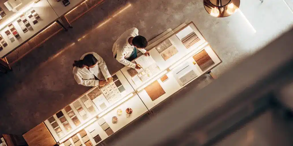 Scientists analyzing soil samples and materials on a laboratory table from top view.