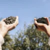 Hands holding two types of soil comparing organic and rocky soil outdoors.