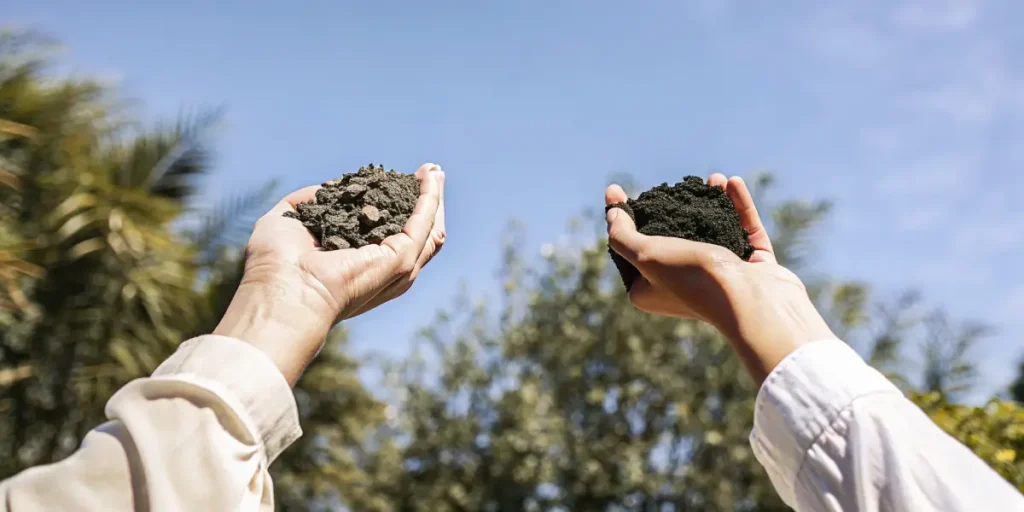 Hands holding two types of soil comparing organic and rocky soil outdoors.