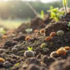 Close-up of soil with organic matter and microorganisms supporting plant growth.