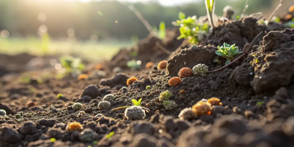 Close-up of soil with organic matter and microorganisms supporting plant growth.