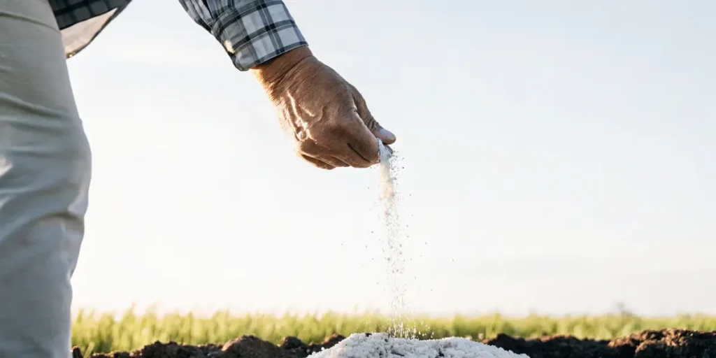 Hand sprinkling fertilizer onto soil in outdoor crop field.