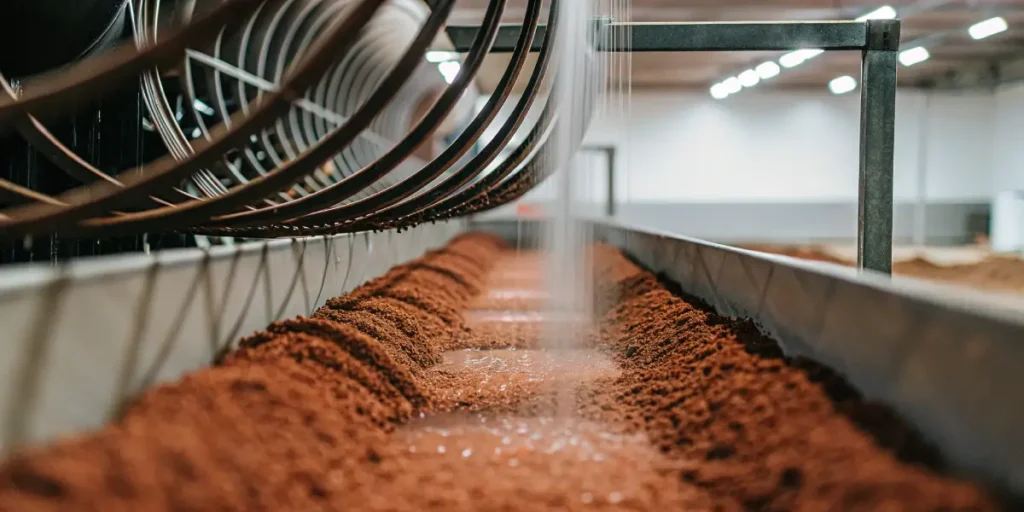 Automated irrigation system watering soil rows in indoor cultivation facility.