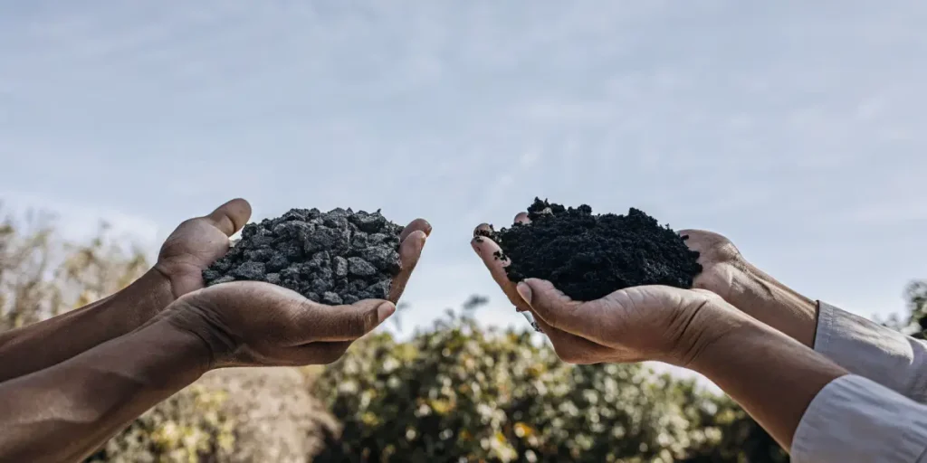 Hands comparing dark fertile soil and rocky soil for plant growth.
