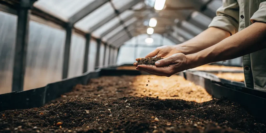 Hands holding and examining soil texture inside a greenhouse growing bed.