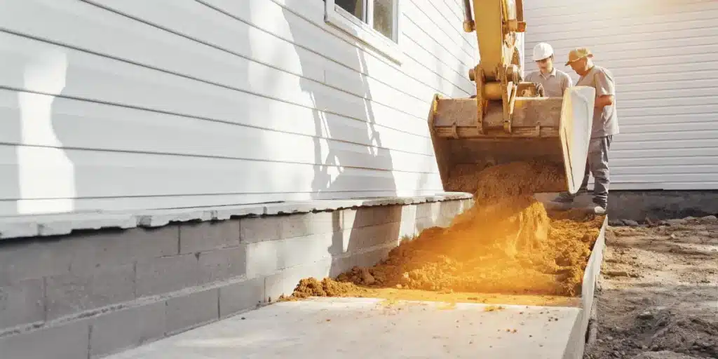 Excavator replacing soil along house foundation during construction work.