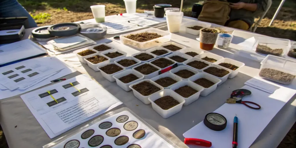 Multiple soil samples arranged on table for agricultural analysis and testing.