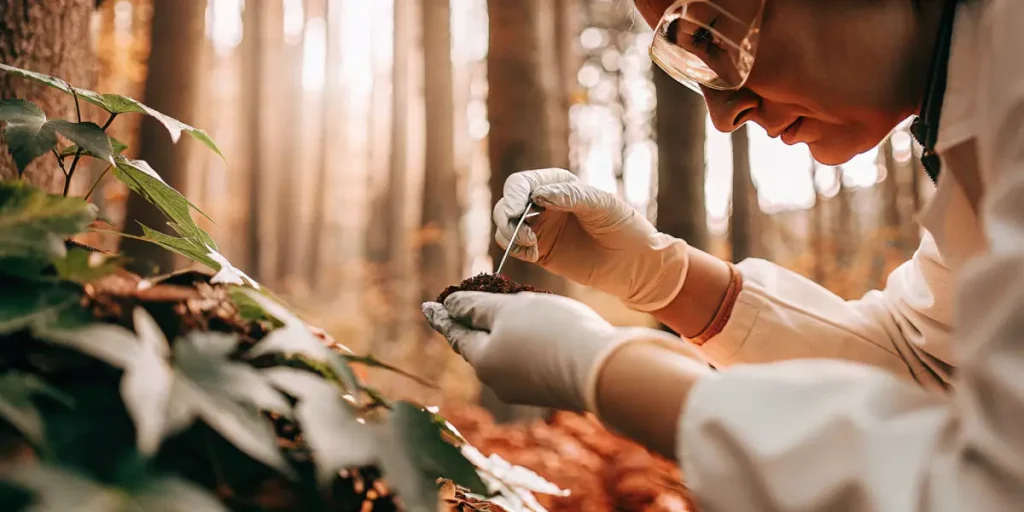 Scientist inspecting soil closely in outdoor environment for cannabis growing conditions.