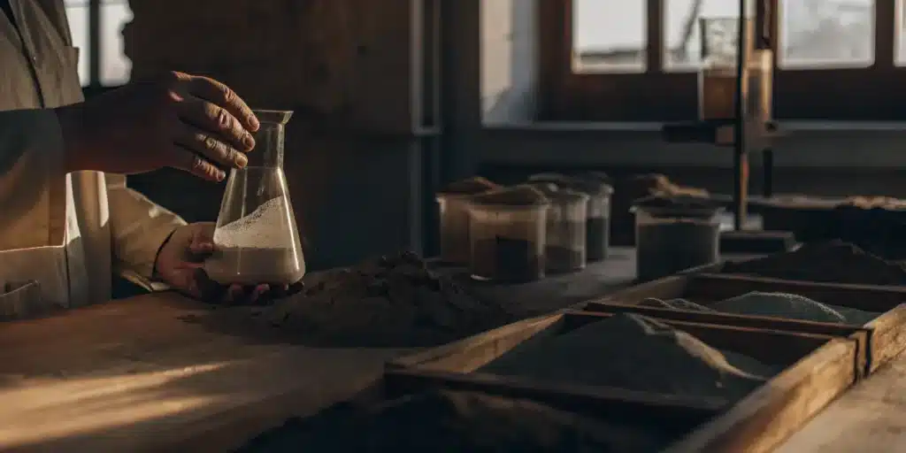 Scientist holding flask with soil mixture in laboratory environment.