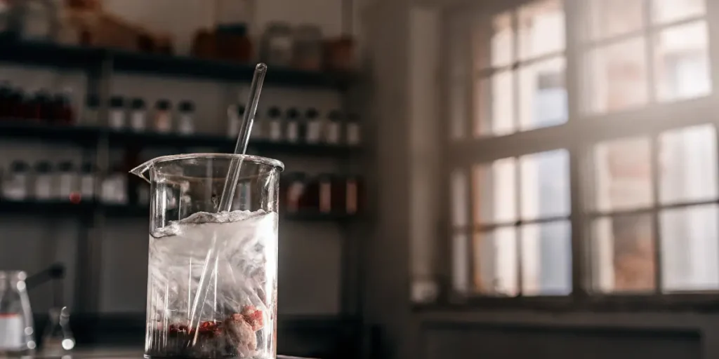 Laboratory beaker with soil sample and liquid mixture for soil testing analysis.