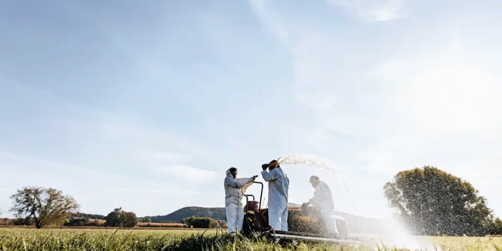 Agriculture team applying soil treatment in outdoor field with spraying equipment.