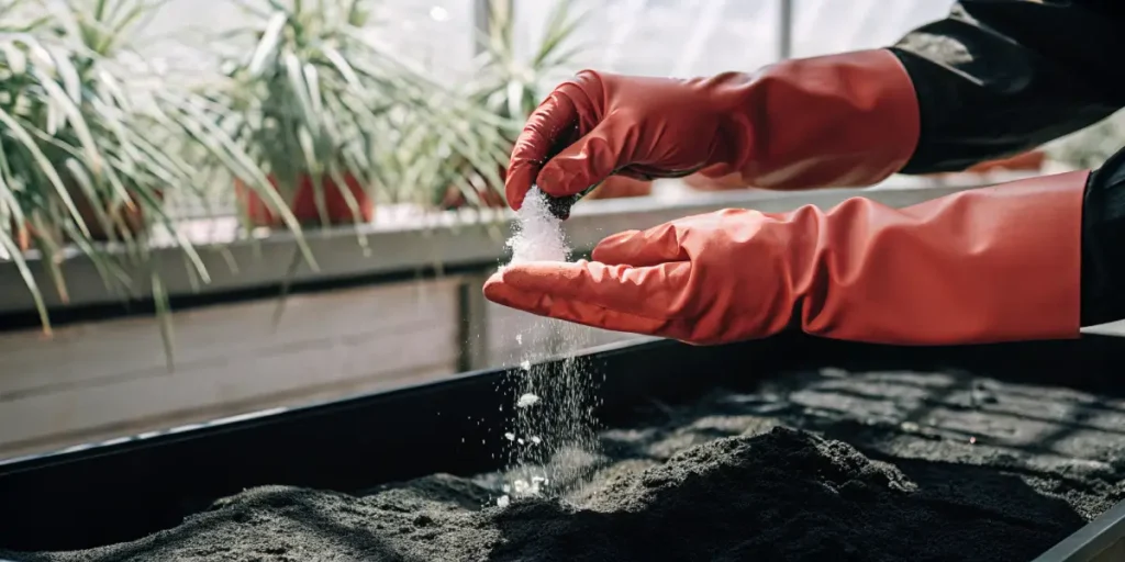 Gloved hands sprinkling mineral powder over soil in indoor cultivation setup.